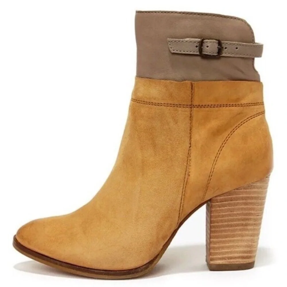 Seychelle's Fascinate Tan and Taupe Suede Ankle Booties Size 10 Block Heel Zip